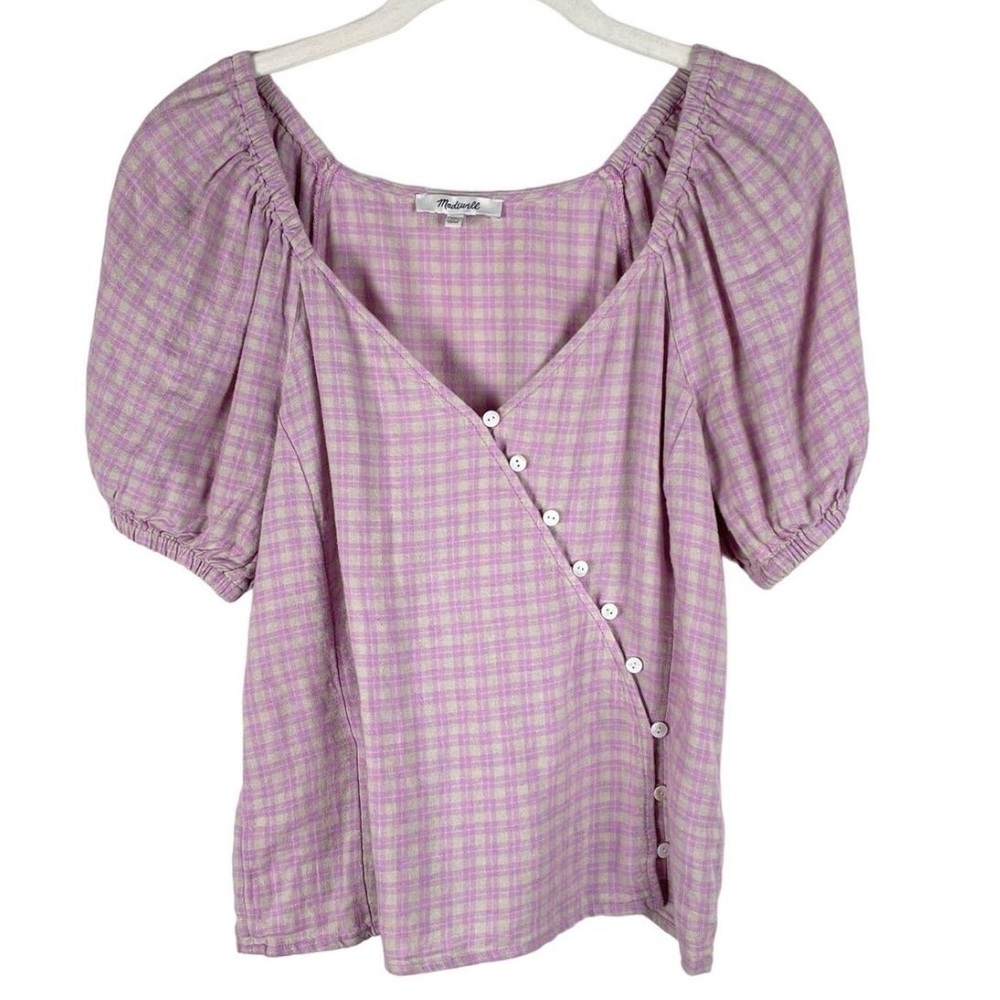 Madewell XS Plaid Linen Puffy Sleeve Top
